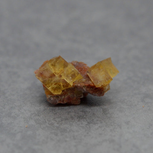 Amas de fluorite jaune miel sur gangue rouge cristallisée